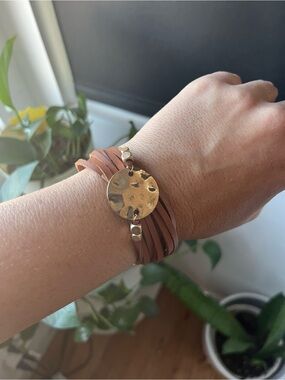 Brown Multi-Strand Leather Bracelet with Gold Disc Accent